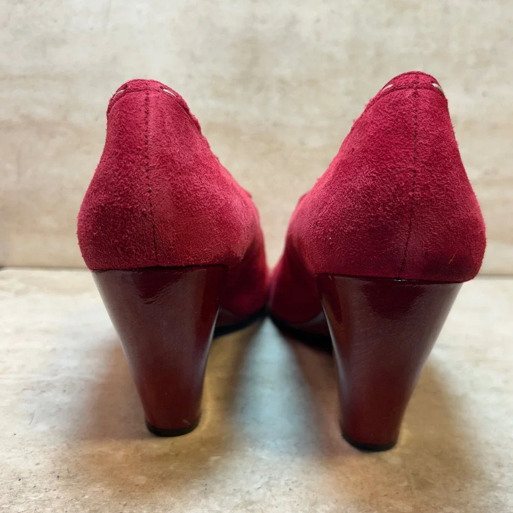 Franco Sarto Red Suede Mary Jane Wedge Pumps Whipstitch 10M L-SIRUP